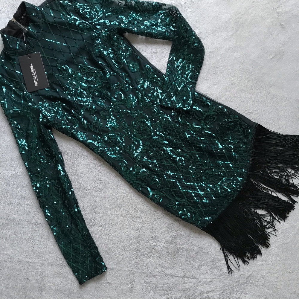 NWT PrettyLittleThing Emerald Green Sequin Fringe Tassel Bodycon Party Dress 2